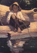 Worth Brehm Forntispiece illustration for The Adventures of Huckleberry Finn by mark Twain oil on canvas
